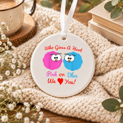 Pink Blue Owl Gender Reveal Baby Shower Ceramic Ornament - Material: Circle Ceramic Ornament