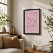 Pink Christian Wall Art, Jesus Paid It All Print, Pink Bible Verse Preppy Affirmation Poster, Coquette Room Decor, Girly Guest Check Wall Art, Modern Wall Decor, 12x18 UNFRAMED - Format: Black Framed Poster