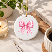 Pink Coquette Bow Feminine Gift Decoration Glass Ornament - Material: Circle Ceramic Ornament