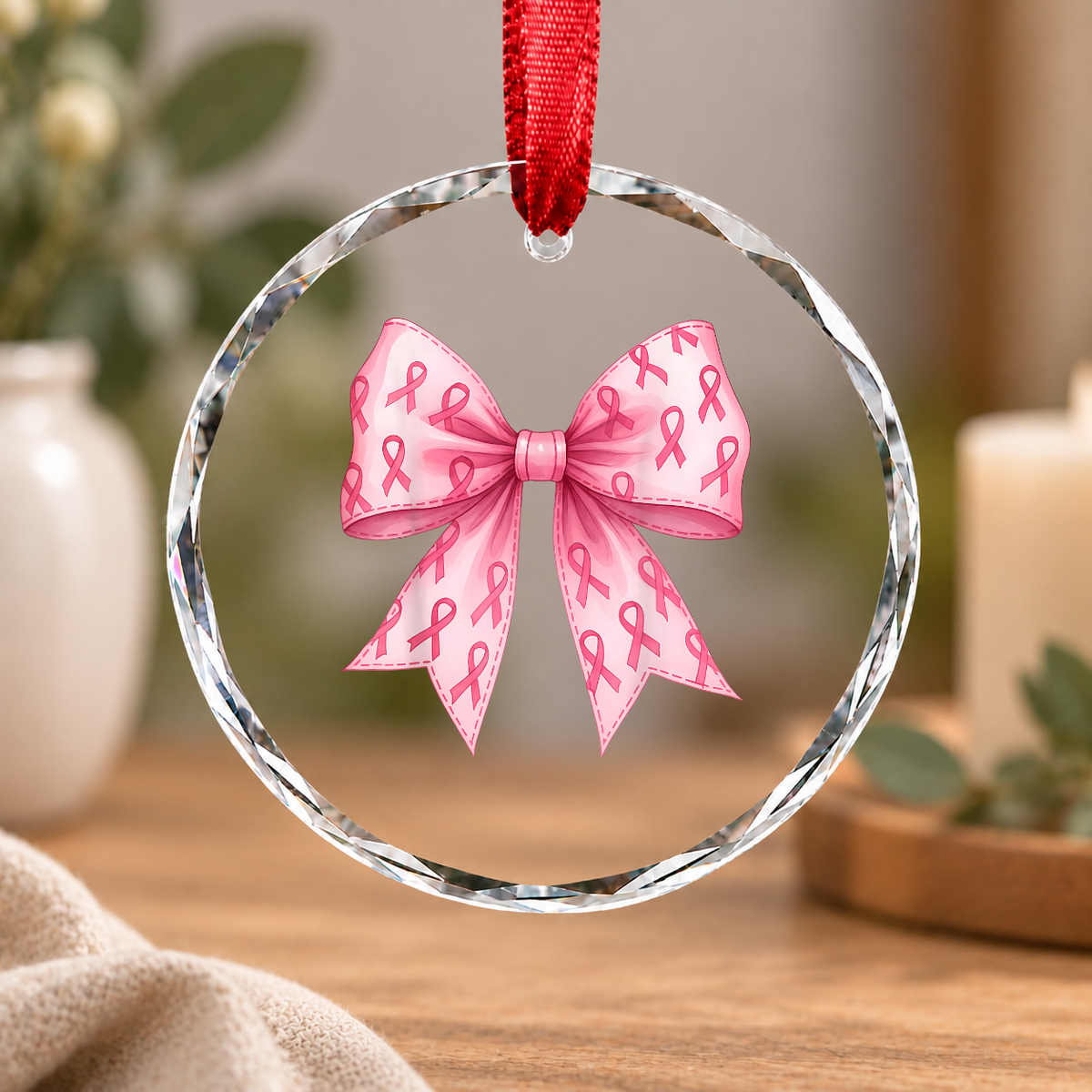 Pink Coquette Bow Feminine Gift Decoration Glass Ornament - Material: Circle Glass Ornament
