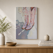 Pink Cowgirl Boots Wall Art Retro Western Poster Coquette Aesthetic Girly Coastal Dorm Room Decor - Format: Stretched Canvas