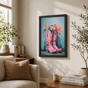 Pink Cowgirl Boots Wall Art Retro Western Poster Floral Cowboy Boots Boho Girly Dorm Room Decor - Format: Black Framed Poster