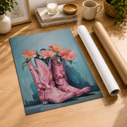 Pink Cowgirl Boots Wall Art Retro Western Poster Floral Cowboy Boots Boho Girly Dorm Room Decor - Format: Rolled Canvas