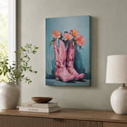 Pink Cowgirl Boots Wall Art Retro Western Poster Floral Cowboy Boots Boho Girly Dorm Room Decor - Format: Stretched Canvas