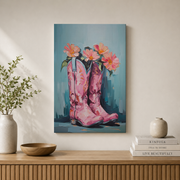 Pink Cowgirl Boots Wall Art Retro Western Poster Floral Cowboy Boots Boho Girly Dorm Room Decor - Format: Stretched Canvas