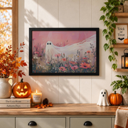 Pink Ghost Flower Field Halloween Wall Art Cute Girly Seasonal Decor Print - Format: Black Framed Poster
