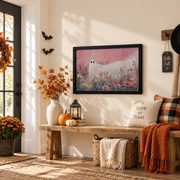 Pink Ghost Flower Field Halloween Wall Art Cute Girly Seasonal Decor Print - Format: Black Framed Poster