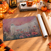 Pink Ghost Flower Field Halloween Wall Art Cute Girly Seasonal Decor Print - Format: Rolled Canvas
