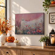 Pink Ghost Flower Field Halloween Wall Art Cute Girly Seasonal Decor Print - Format: Stretched Canvas