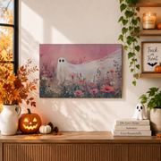 Pink Ghost Flower Field Halloween Wall Art Cute Girly Seasonal Decor Print - Format: Unframed Paper Poster