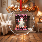 Pink Ghost Halloween Ornament for Awareness Theme Glass Ornament - Material: Circle Glass Ornament