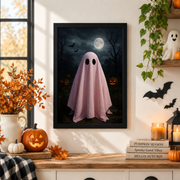 Pink Ghost Pumpkin Halloween Wall Art Pastel Spooky Aesthetic October Decor Poster Print - Format: Black Framed Poster