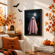 Pink Ghost Pumpkin Halloween Wall Art Pastel Spooky Aesthetic October Decor Poster Print - Format: Black Framed Poster