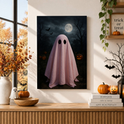 Pink Ghost Pumpkin Halloween Wall Art Pastel Spooky Aesthetic October Decor Poster Print - Format: Stretched Canvas