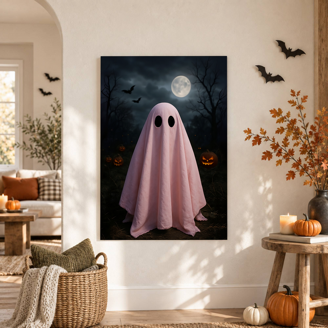 Pink Ghost Pumpkin Halloween Wall Art Pastel Spooky Aesthetic October Decor Poster Print - Format: Unframed Paper Poster