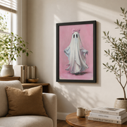 Pink Ghost Wall Art Ghost with Pink Bow Poster Preppy Cute Coquette Girly Halloween Decor - Format: Black Framed Poster