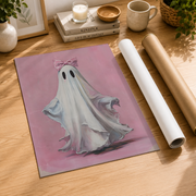 Pink Ghost Wall Art Ghost with Pink Bow Poster Preppy Cute Coquette Girly Halloween Decor - Format: Rolled Canvas