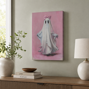 Pink Ghost Wall Art Ghost with Pink Bow Poster Preppy Cute Coquette Girly Halloween Decor - Format: Stretched Canvas