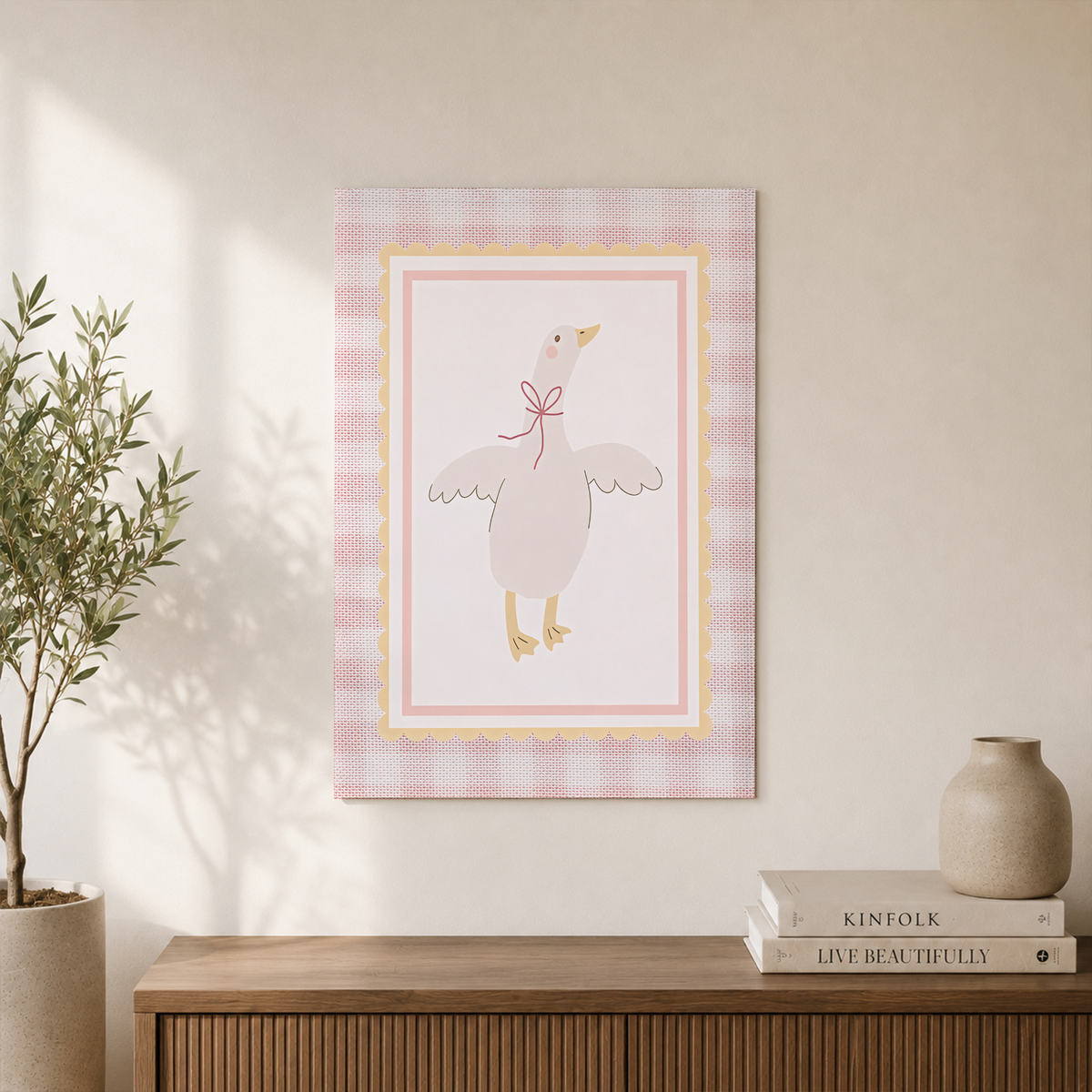 Pink Goose Wall Art Coquette Nursery Poster Gingham Baby Room Farm Animal Decor UNFRAMED - Format: Unframed Paper Poster
