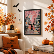 Pink Halloween Witch Art Print Girly Y2K Style Fall Seasonal Wall Decor Poster - Format: Black Framed Poster
