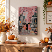 Pink Halloween Witch Art Print Girly Y2K Style Fall Seasonal Wall Decor Poster - Format: Stretched Canvas