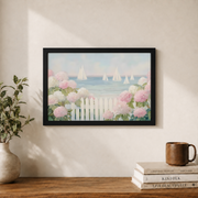 Pink Hydrangea Sailboat Coastal Wall Art Beach House Poster Ocean Decor Unframed - Format: Black Framed Poster
