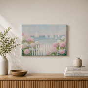 Pink Hydrangea Sailboat Coastal Wall Art Beach House Poster Ocean Decor Unframed - Format: Stretched Canvas