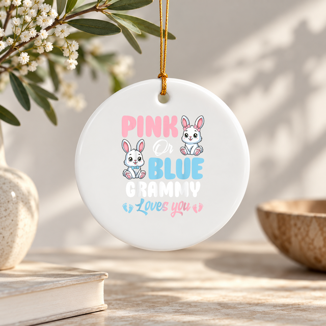 Pink Or Blue Grammy Bunny Baby Reveal Ceramic Ornament - Material: Circle Ceramic Ornament