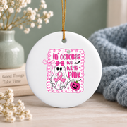 Pink Ribbon Coquette Bow October Inspired Gift Decoration Glass Ornament - Material: Circle Ceramic Ornament