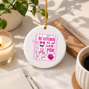 Pink Ribbon Coquette Bow October Inspired Gift Decoration Glass Ornament - Material: Circle Ceramic Ornament