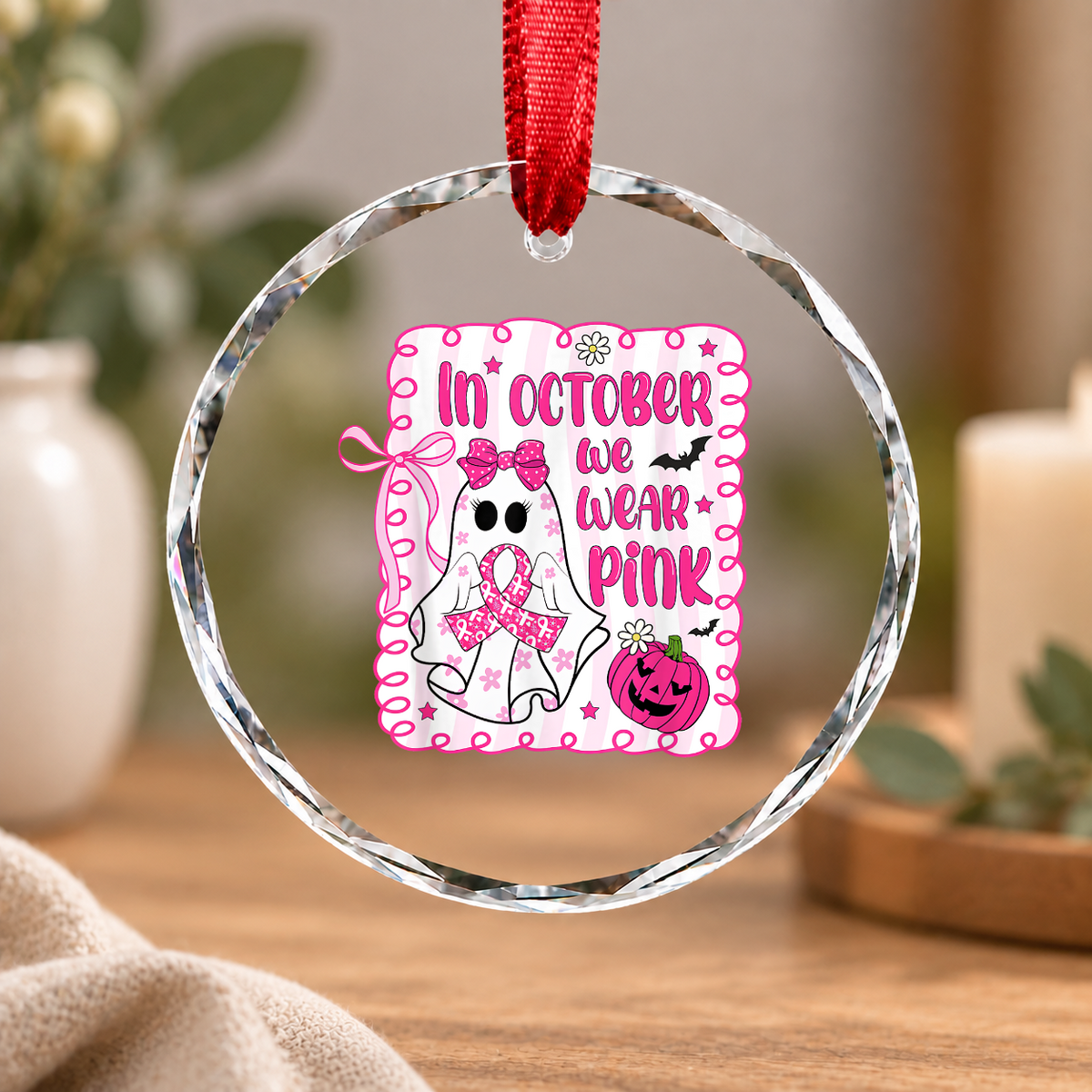 Pink Ribbon Coquette Bow October Inspired Gift Decoration Glass Ornament - Material: Circle Glass Ornament