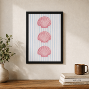 Pink Seashells Striped Wall Art Coastal Beach Poster Girly Nautical Home Decor Poster - Format: Black Framed Poster