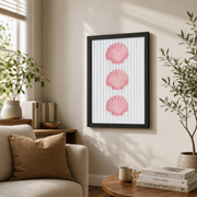 Pink Seashells Striped Wall Art Coastal Beach Poster Girly Nautical Home Decor Poster - Format: Black Framed Poster