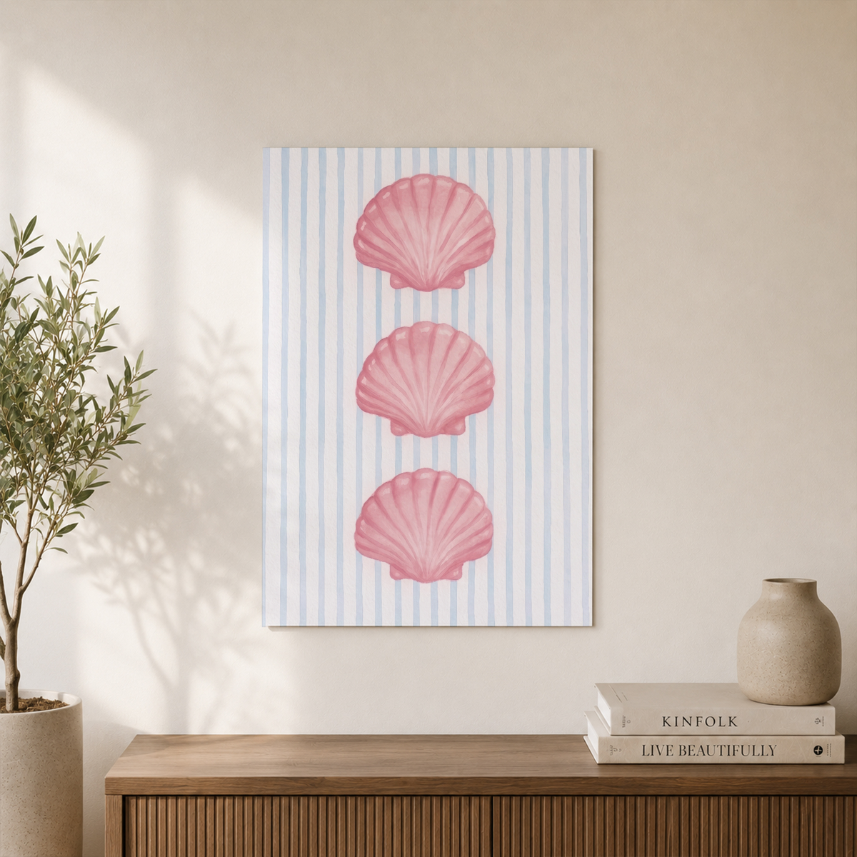 Pink Seashells Striped Wall Art Coastal Beach Poster Girly Nautical Home Decor Poster - Format: Unframed Paper Poster