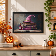 Pink Witch Hat Magic Books Halloween Wall Art Girly Dark Academia Room Decor - Format: Black Framed Poster