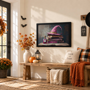 Pink Witch Hat Magic Books Halloween Wall Art Girly Dark Academia Room Decor - Format: Black Framed Poster