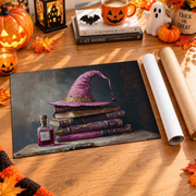 Pink Witch Hat Magic Books Halloween Wall Art Girly Dark Academia Room Decor - Format: Rolled Canvas