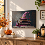 Pink Witch Hat Magic Books Halloween Wall Art Girly Dark Academia Room Decor - Format: Stretched Canvas