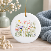 Pressed Flowers Wildflower Botanical Glass Ornament - Material: Circle Ceramic Ornament