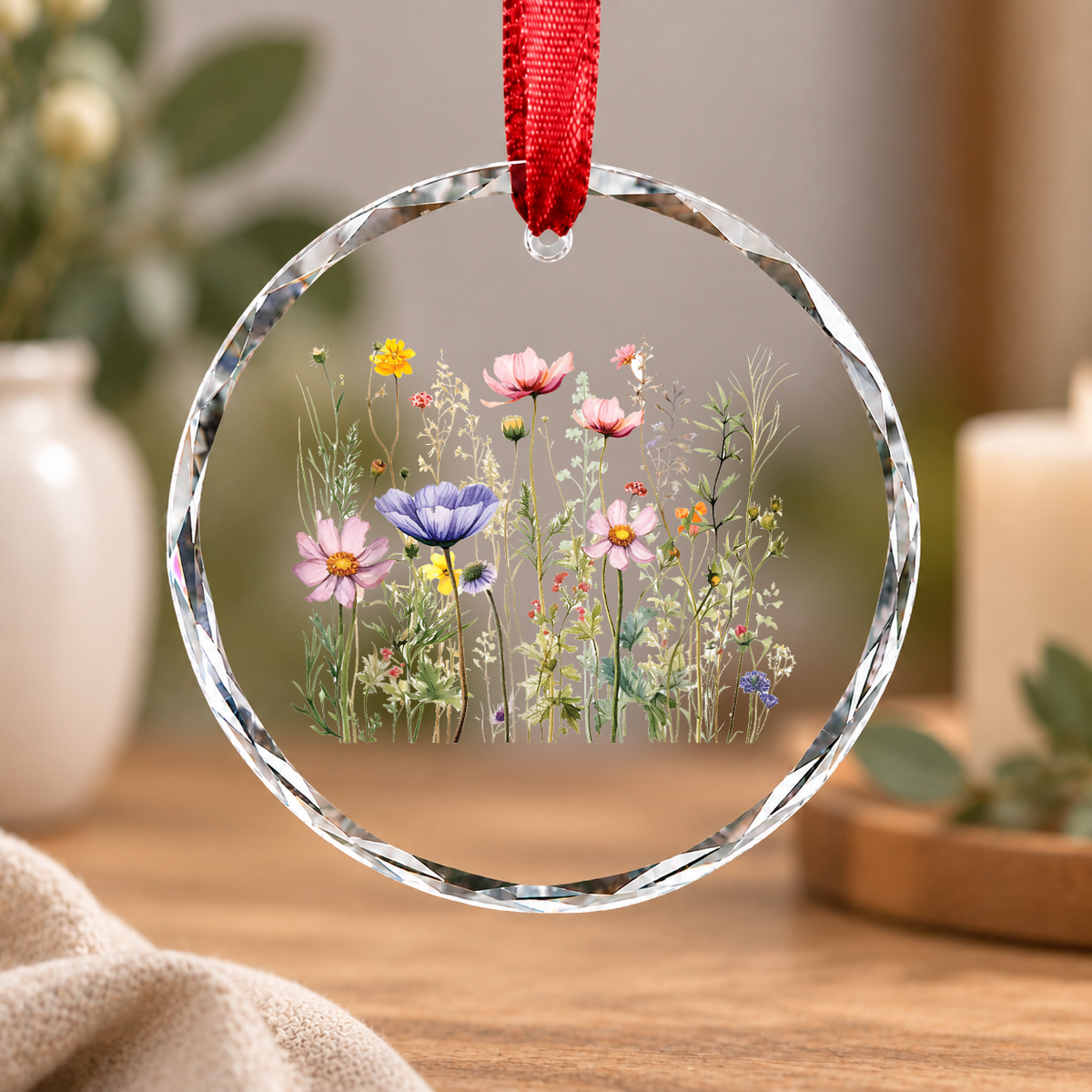 Pressed Flowers Wildflower Botanical Glass Ornament - Material: Circle Glass Ornament