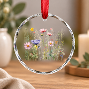Pressed Flowers Wildflower Botanical Glass Ornament - Material: Circle Glass Ornament