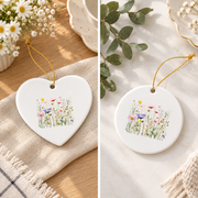 Pressed Flowers Wildflower Botanical Glass Ornament - Material: Heart Ceramic Ornament