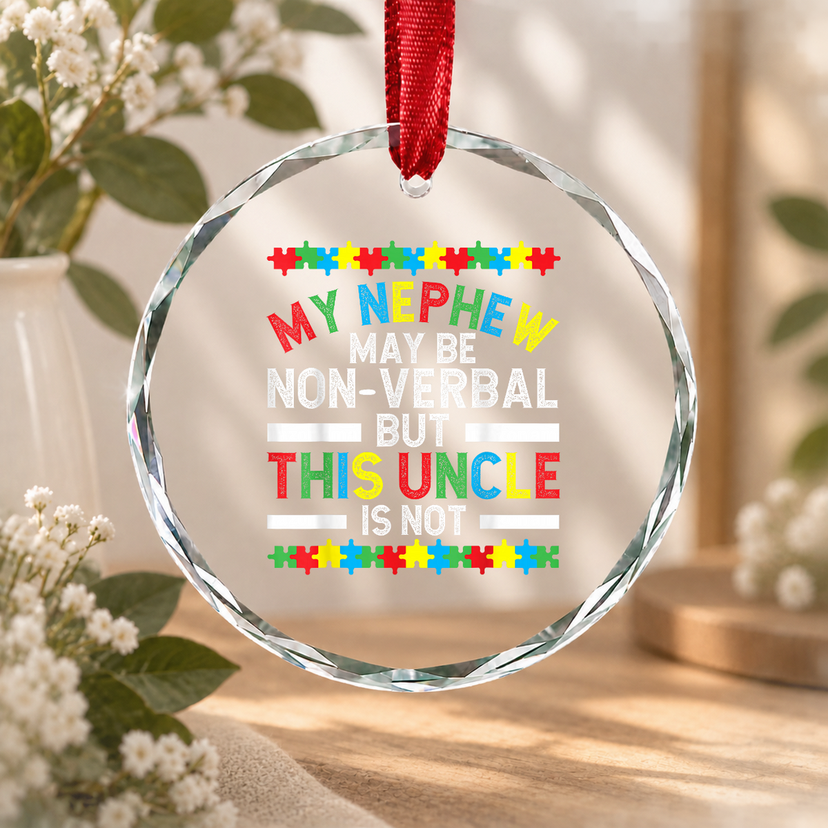 Proud Uncle Autism Awareness Ornament Glass Ornament - Material: Circle Glass Ornament
