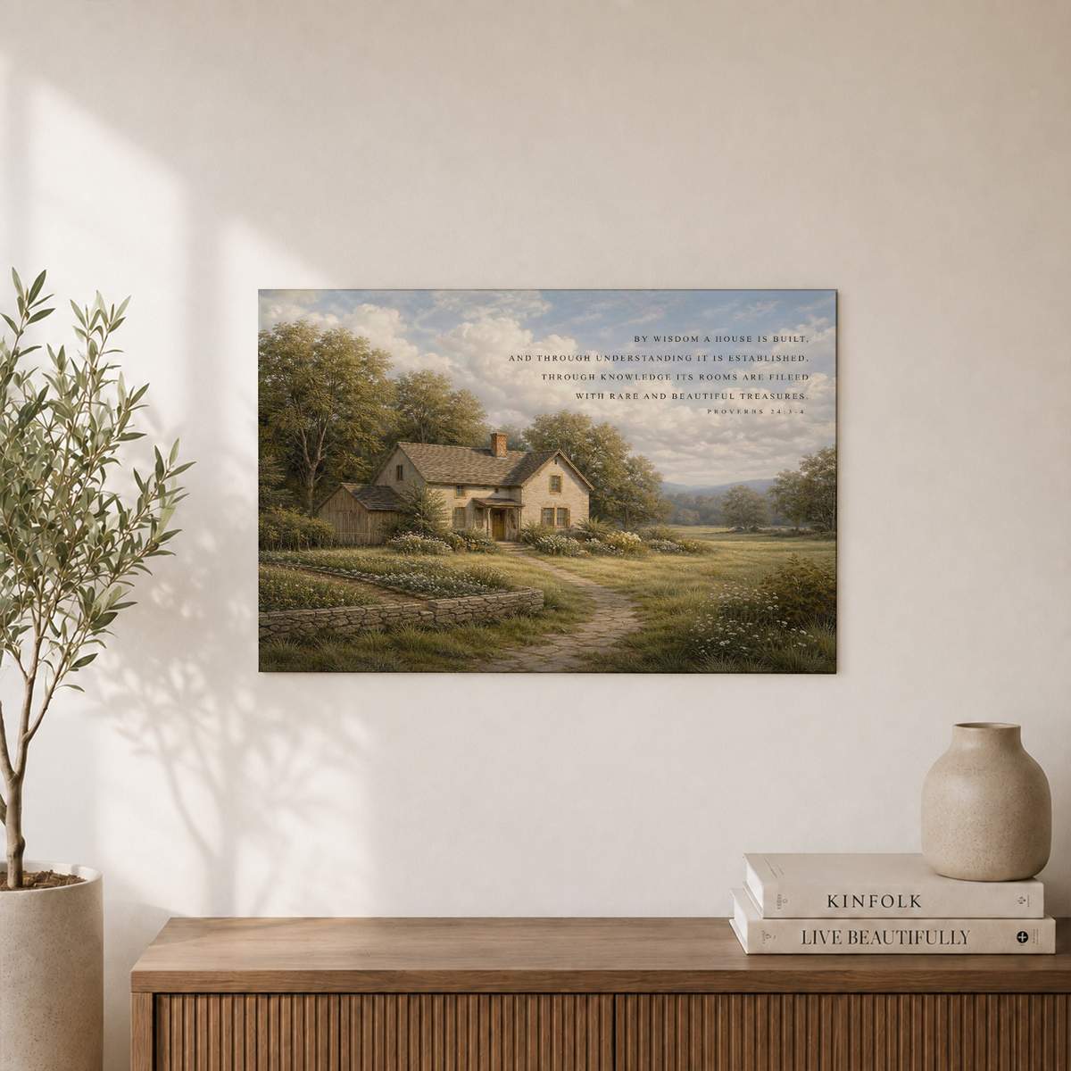 Proverbs 24:3-4 Christian Wall Art, By Wisdom A House Is Built Cottage Poster - Format: Unframed Paper Poster