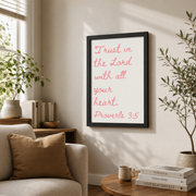 Proverbs 3:5 Christian Wall Art Quote Minimalist Poster Bible Verse Pink Preppy Trendy Apartment - Format: Black Framed Poster