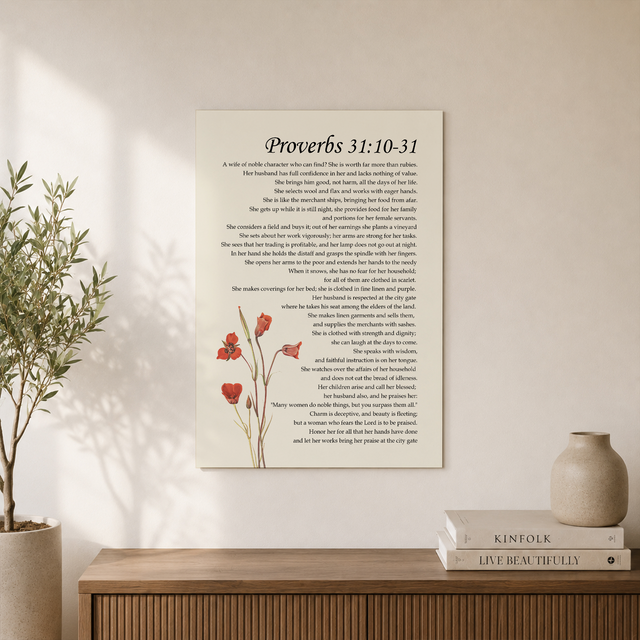 Proverbs 31 Virtuous Woman Christian Wall Art, Vintage Floral Scripture Poster - Format: Unframed Paper Poster