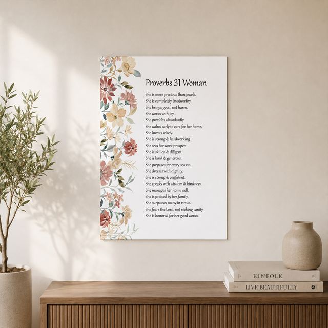 Proverbs 31 Woman Christian Wall Art, Rustic Floral Bible Verse Poster - Format: Unframed Paper Poster