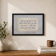 Psalm 121 Coastal Christian Wall Art, Striped Dorm Scripture Poster - Format: Black Framed Poster