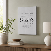 Psalm 147:4 He Counts The Stars Christian Wall Art, Nursery Scripture Poster - Format: Stretched Canvas