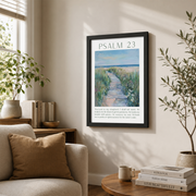 Psalm 23 Coastal Christian Wall Art, Sage Green Scripture Poster - Format: Black Framed Poster